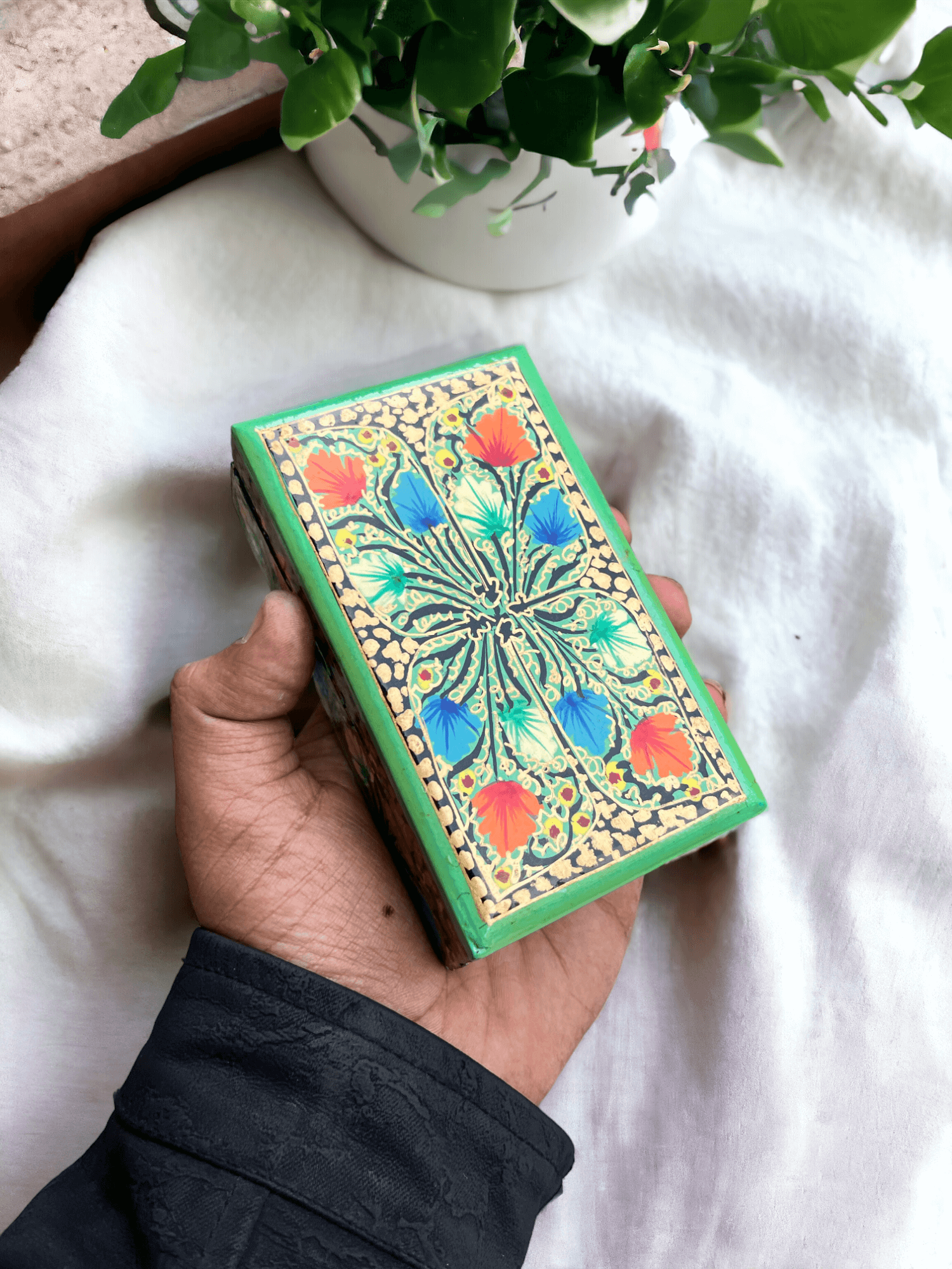 Handmade Kashmiri Paper Mache Box - Floral Motif Gift Decorative Jars